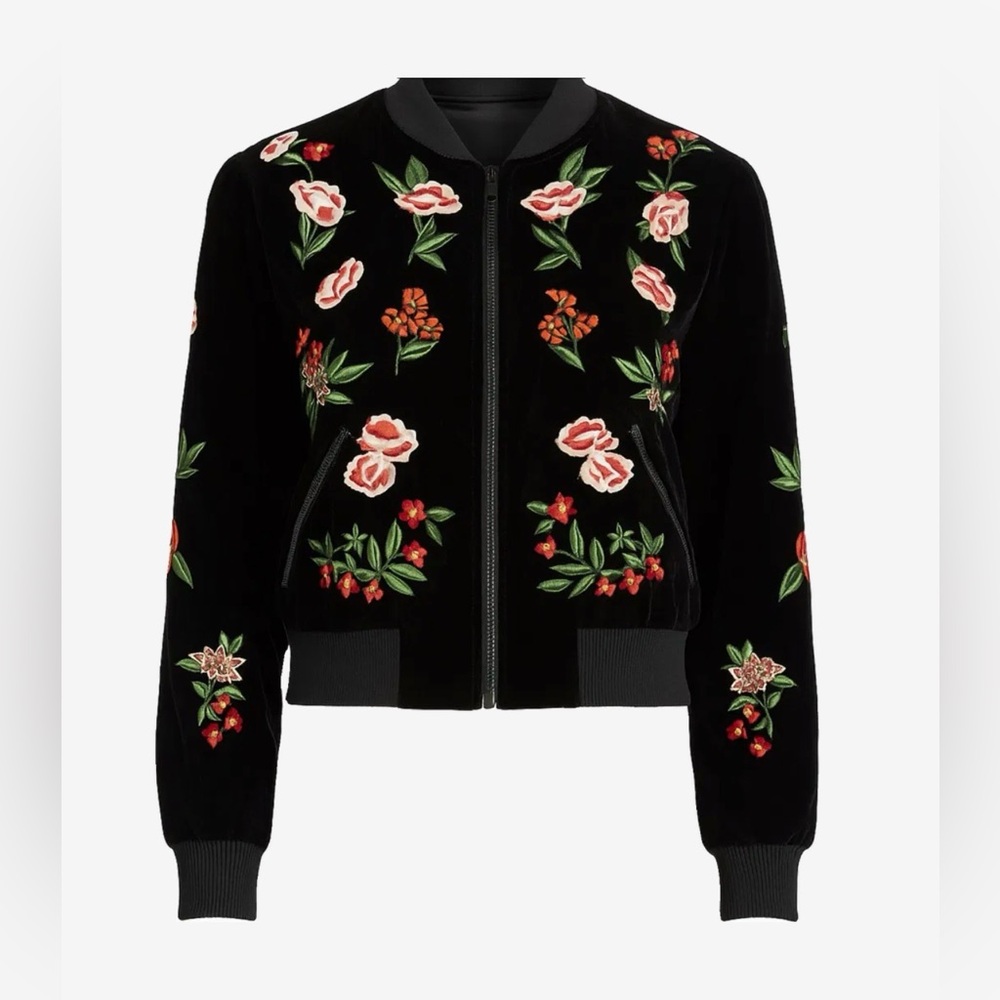 Alice + Olivia Black Bomber Jacket with Floral Embroidery